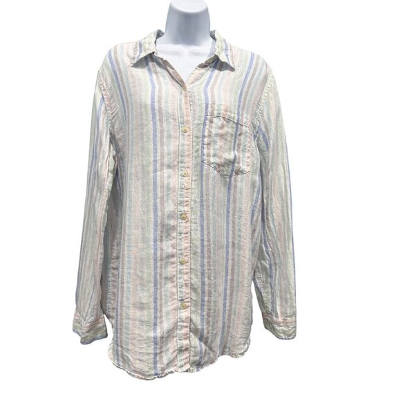 Gap Linen Pastel Striped Boyfriend Fit Button Up Top Beachy Boho Preppy Womens L - Picture 1 of 10